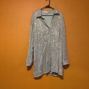 Silver Sequin Button-Up Shirt